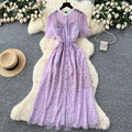 French high-end women's dress -  summer collection: chanel-inspired, cinched waist, single-breasted, elegant lace maxi dress