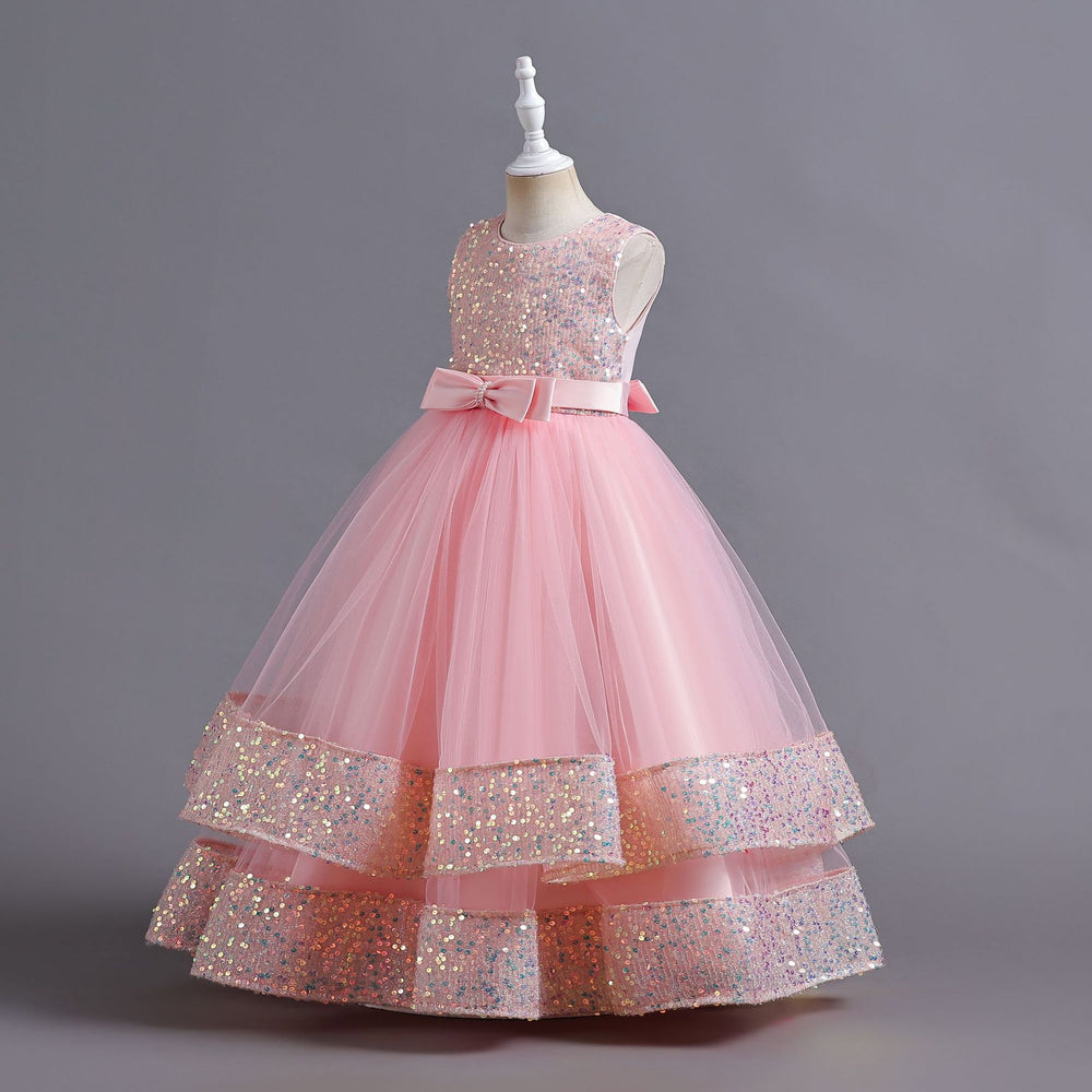 New arrival: sequined children's dress - perfect for girls! featuring a bow accent, this princess-style dress is ideal for flower girls, high-end piano performances, and special occasions