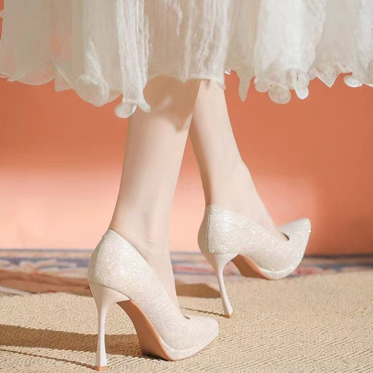 2025 new french champagne wedding shoes for women, bridal platform high heels, minimalist elegant low-cut stiletto heels