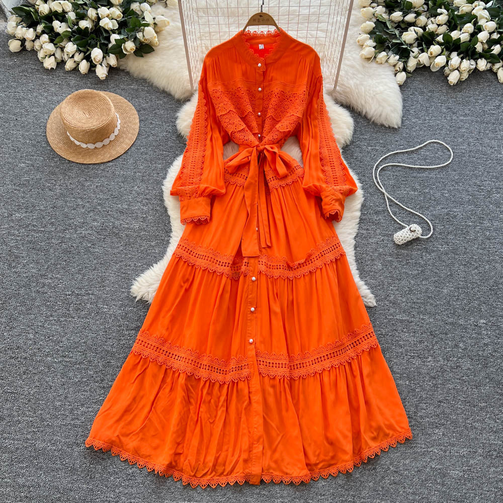 Vintage court style lantern sleeve dress - women's summer hollow-out crochet single-breasted elegant mature lady long dress