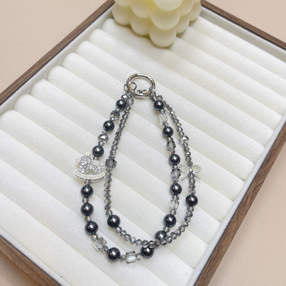 Ins style handmade pearl double chain mobile phone case lanyard creative rhinestone rocking horse pendant wrist crystal one piece dropshipping
