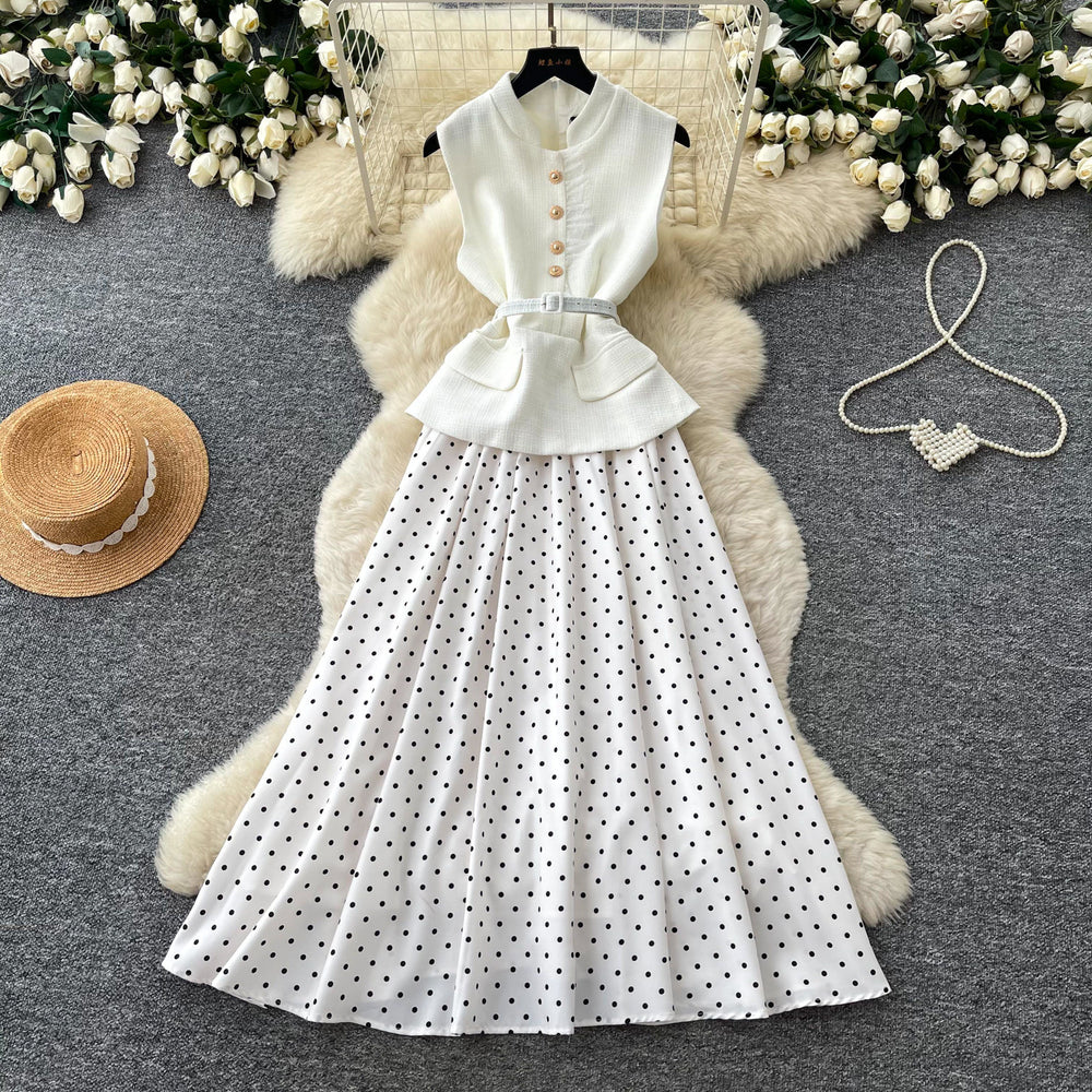 French sleeveless polka dot light luxury elegant dress women's summer slimming look single breasted belt fake two-piece a-line skirt