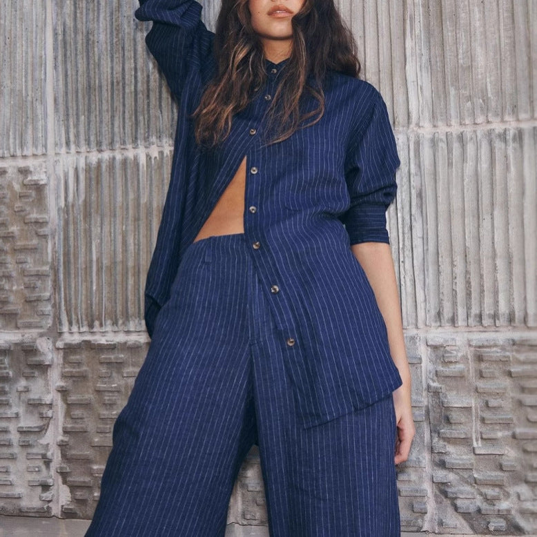 European and American  independent station casual navy blue striped two-piece cardigan top wide-leg pants women's clothing  hot sale