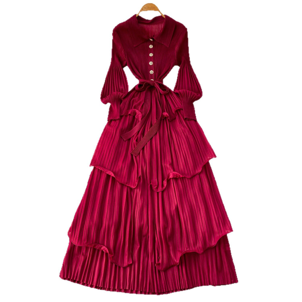 K-style lantern sleeve dress women's waist strap rufflespleated cake skirt slimming look long skirt