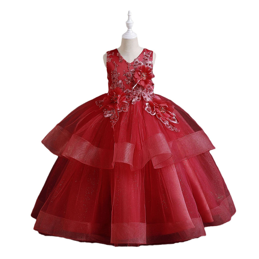 Export long skirt kids dress pearl flower wedding dress princess dress female flower girl birthday dress girl dress