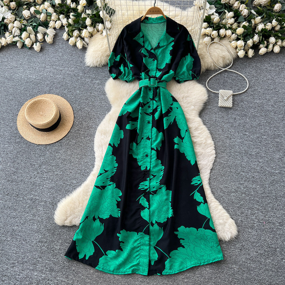 French retro floral print elegant dress - women's summer short sleeve v-neck slimming a-line maxi dress for work