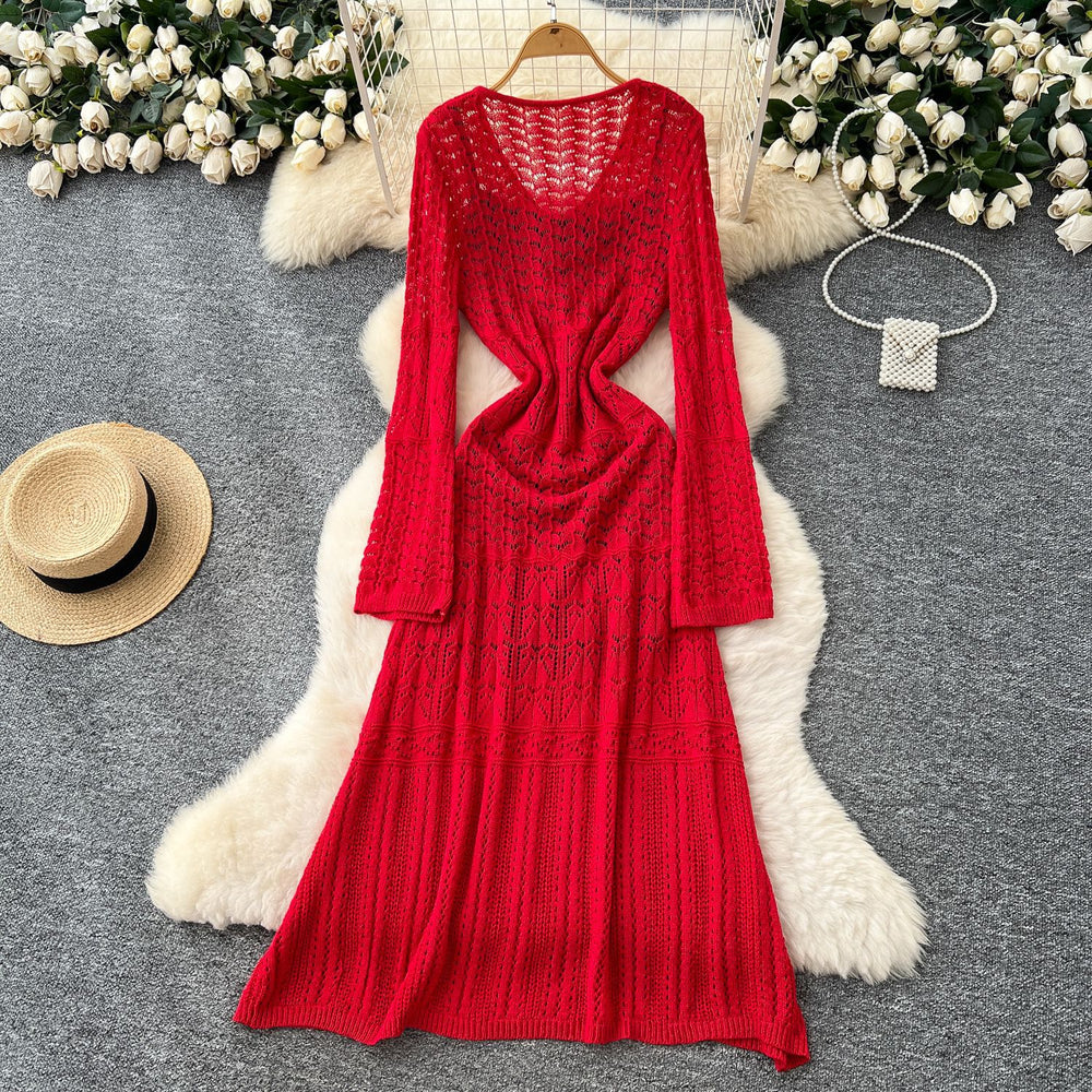 Korean chic sweet & gentle style hollow-out crochet lace-up v-neck long sleeve knitted dress - women's high-end maxi dress