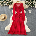 Korean chic sweet & gentle style hollow-out crochet lace-up v-neck long sleeve knitted dress - women's high-end maxi dress