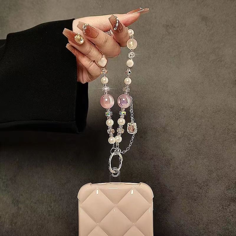 Creative mobile phone hanging chain pendant cat tassel accessible luxuryshort fairy pearl crystal satchel chain mobile phone case lanyard