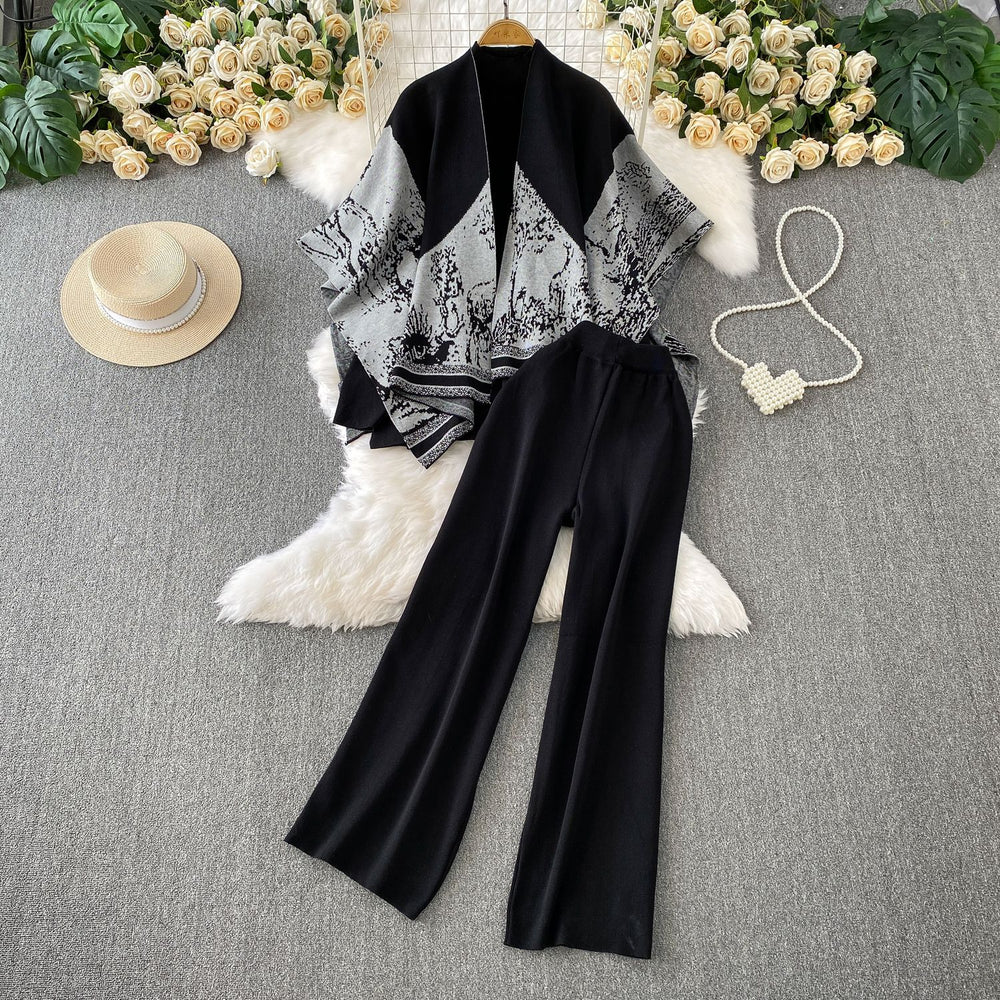 High-end elegant half-high neck sweater + printed knit shawl cardigan + high-waisted slimming pants three-piece set