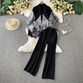 High-end elegant half-high neck sweater + printed knit shawl cardigan + high-waisted slimming pants three-piece set