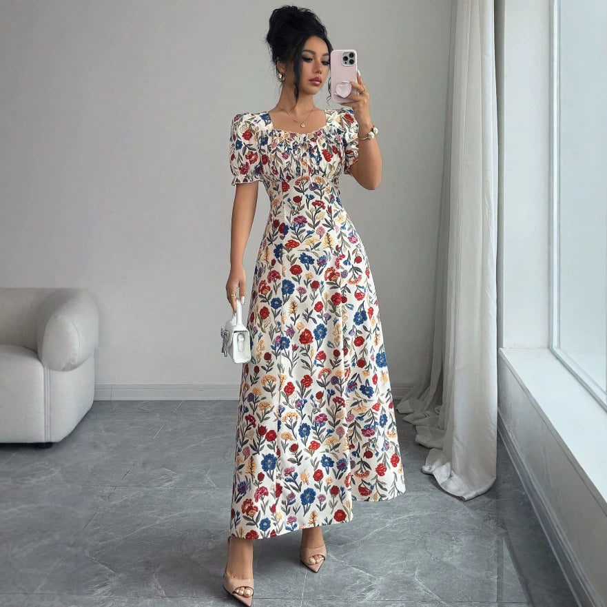 new european and american style floral midi dress with square neck, puff short sleeves, ruched bust, and a-line silhouette