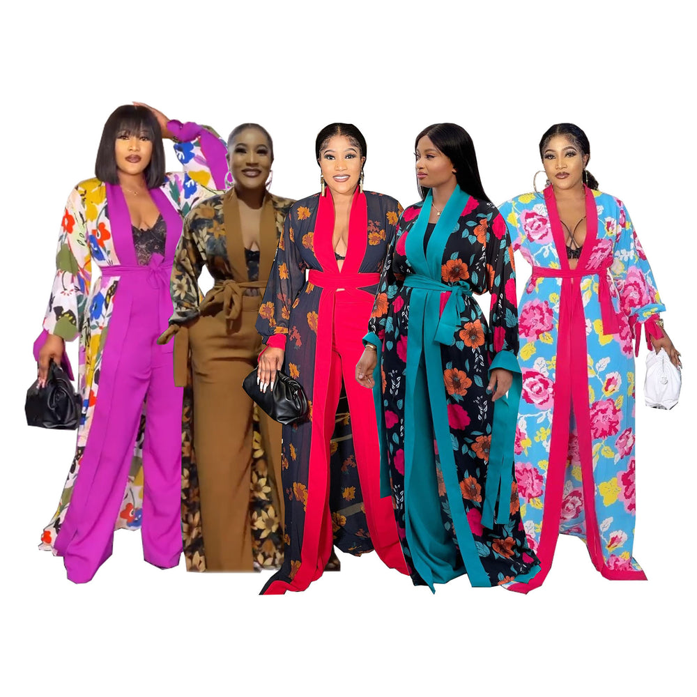 African-inspired digital print slim-fit long shawl robe with solid color knit wide-leg trousers - special offer