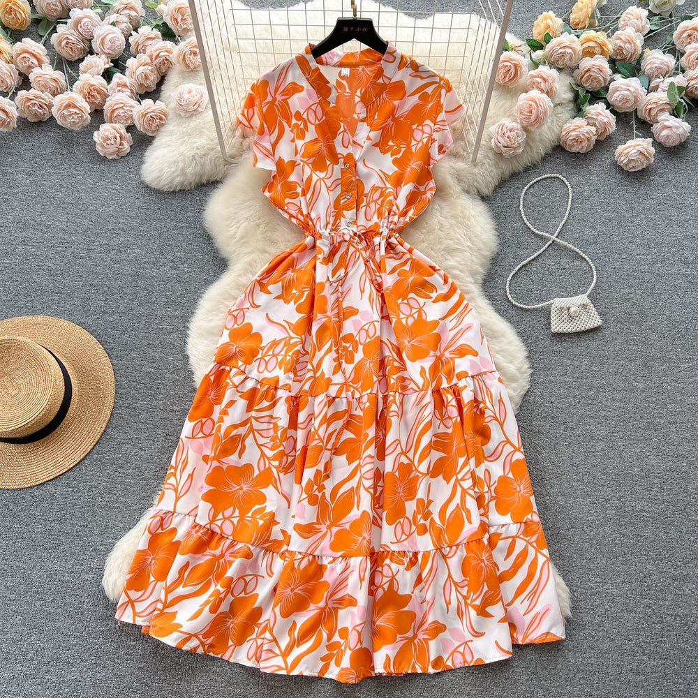 French sweet and gentle style v-neck floral chiffon dress - women's summer cinched waist, slimming, vacation-ready, fairy dress