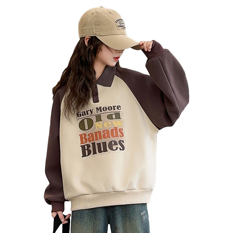 Girls' sweatshirt  new kids' spring/autumn fashionable polo collar top, loose casual children's clothing top for mid-to-large children
