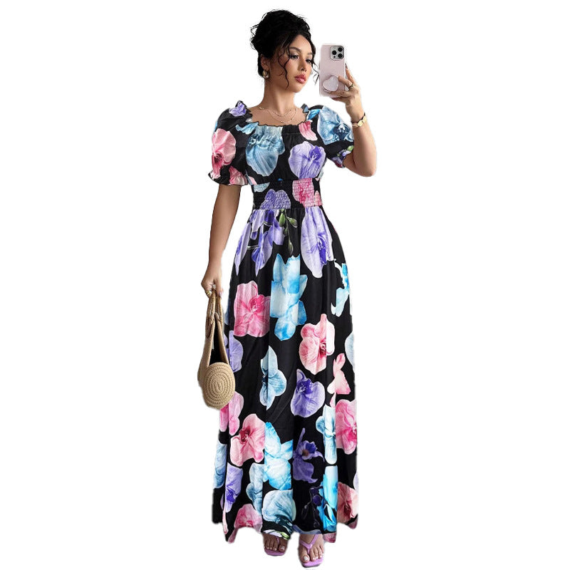 summer  fashion new arrival puff sleeve high waist waist printing women's large swing suspender dress