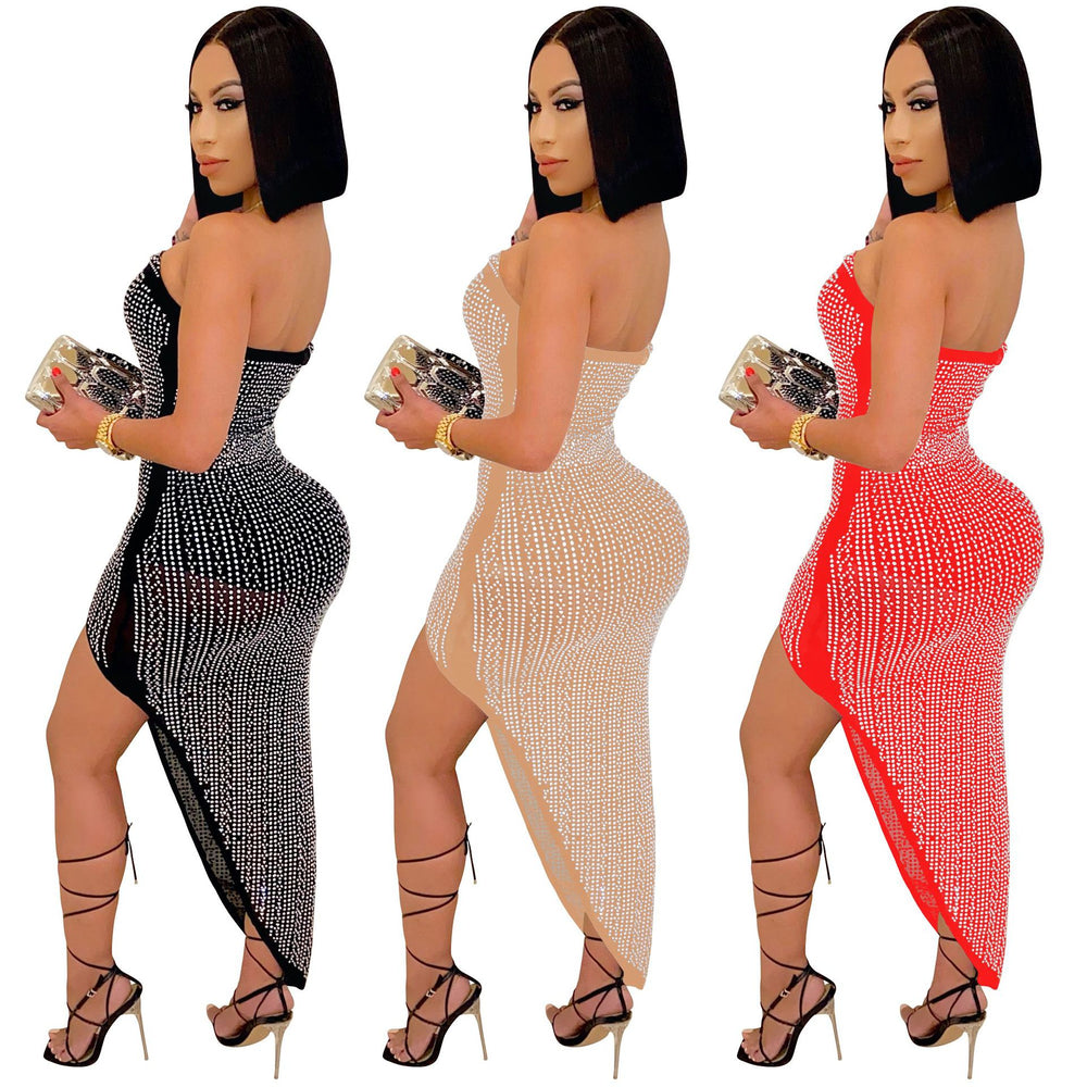 X5046 cross-border   european and american evening dress hot diamond mesh wrapped chest irregular women's dress