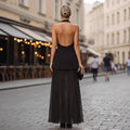 european and american cross-border women's fashion: chic v-neck sleeveless halter backless top with high-waisted mesh midi skirt set