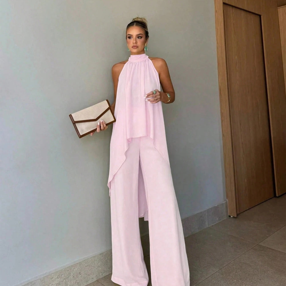 Independent station fashion cross-border  summer fashioncasual asymmetrical sleeveless elegantpure color pants suit women's clothing