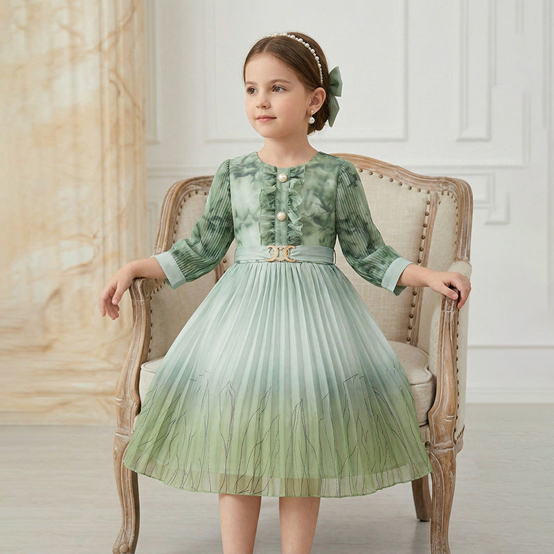 Custom girls' dress - printed floral chiffon a-line skirt - trendy pleated skirt - cross-border children's wear