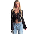 European and american style cross-border  new women's v-neck sexy cardigan lace-up long sleeve lace see-through trim t-shirt top
