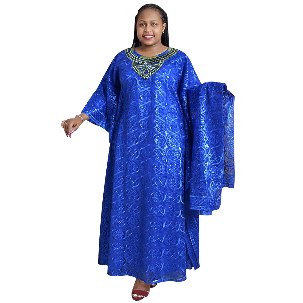 European and american export african women's embroidered lace loose batwing sleeve dress robe three-piece set with vest and headscarf