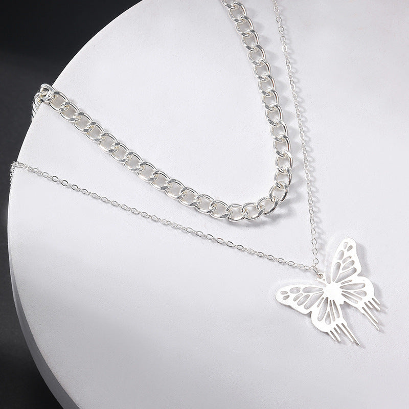 European and american cross-border fashion 18k gold hollow butterfly pendant necklace for women, alloy chunky chain, high-end jewelry