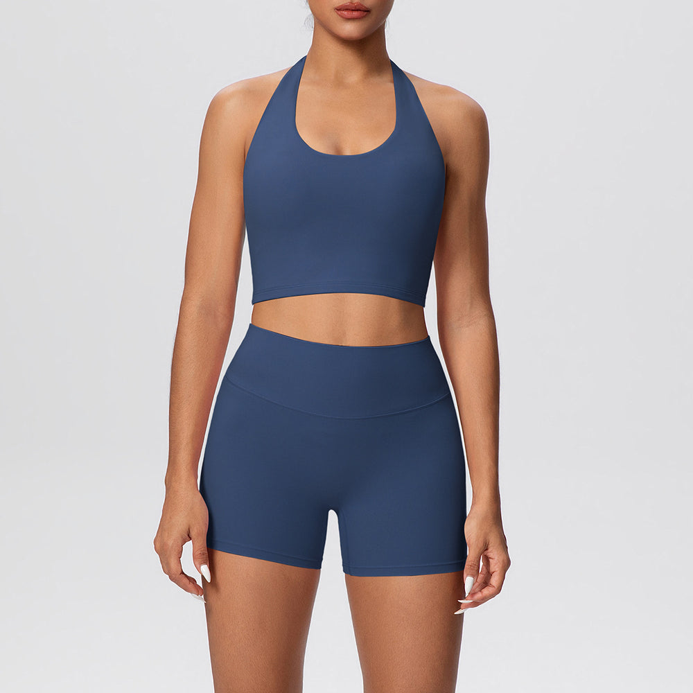 New arrival cross-border pure color double-sided brushed tight haltershorts yoga suit sports running fitness two-piece set