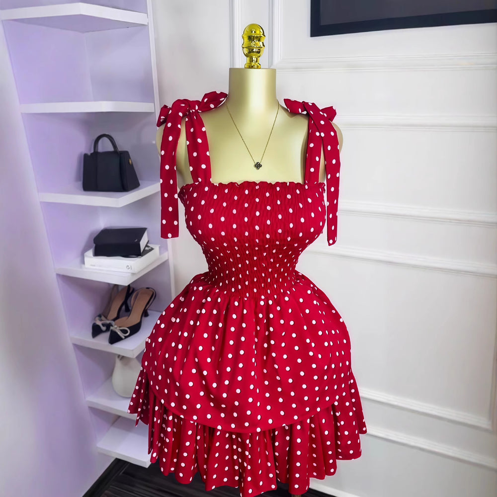European and american cross-border women's fashion  summer new arrival: polka dot sleeveless butterfly tie waist puffy mini dress