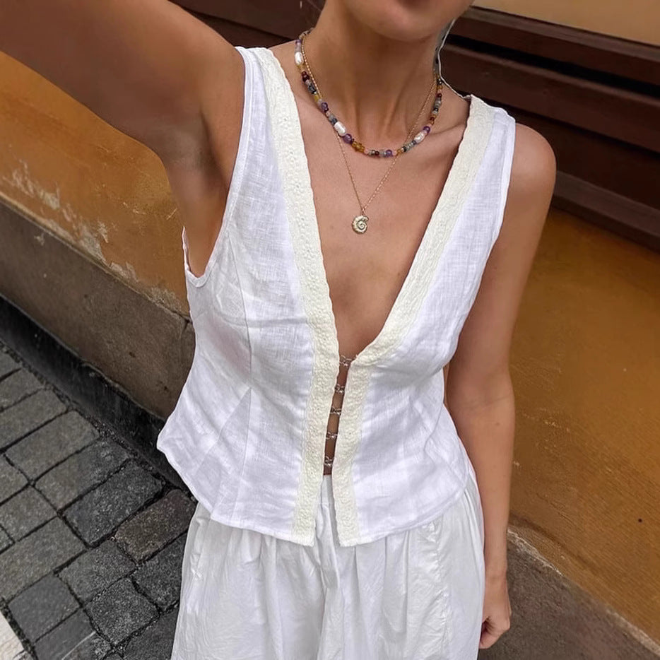 European and American fashion V-neck white vest women's 2025 summer  temperament bamboo cotton lace cardigan top women's clothing