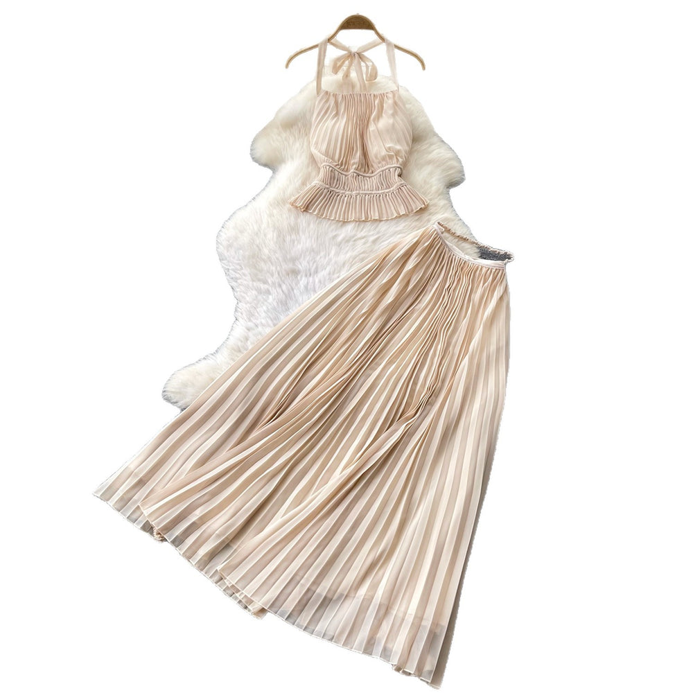 French riviera style halter top & backless two-piece set - women's summer high-waisted pleated skirt slimming chic fashion outfit