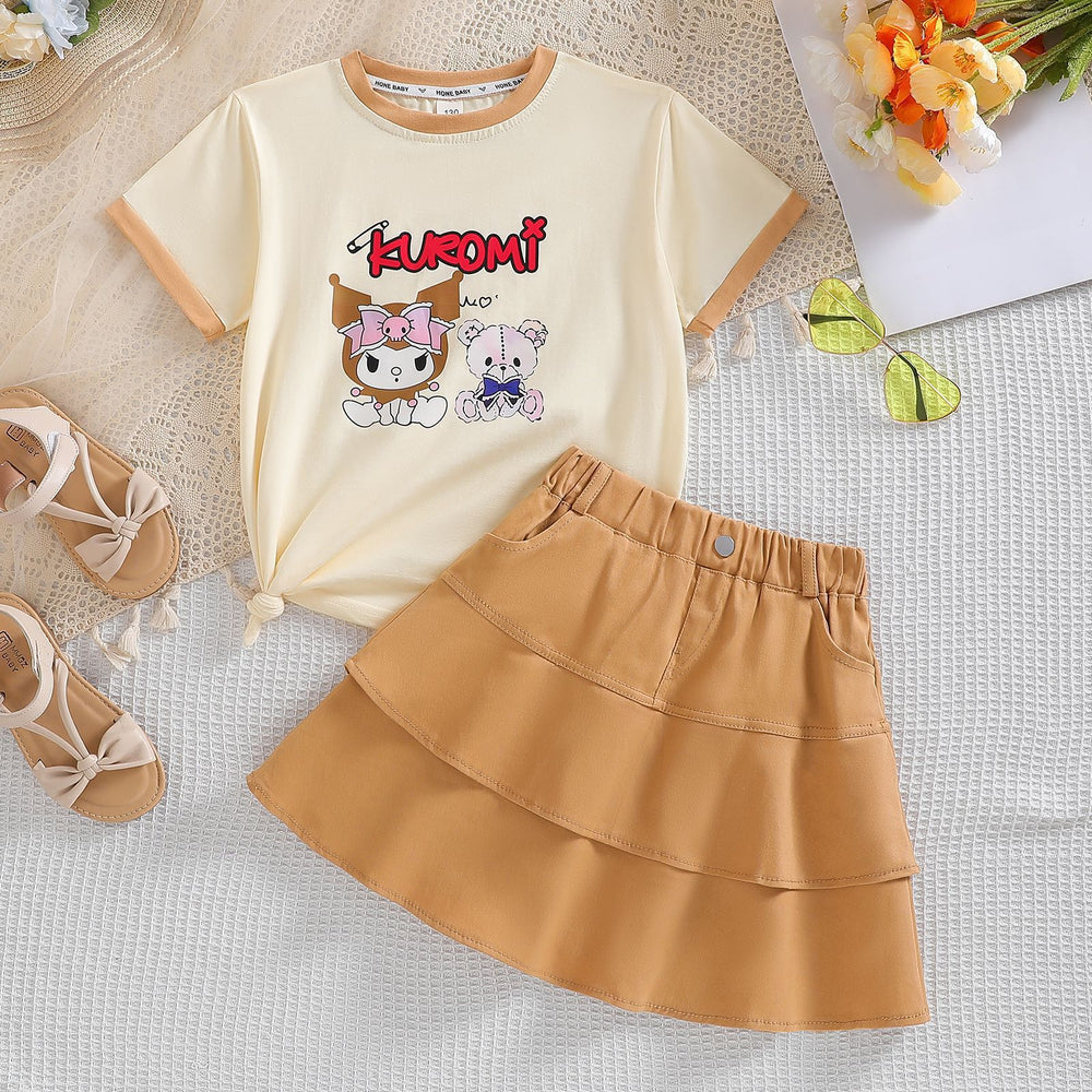 Girls' summer dress short-sleeve skirt set  new trendy popular kuromi children's skirt two-piece outfit