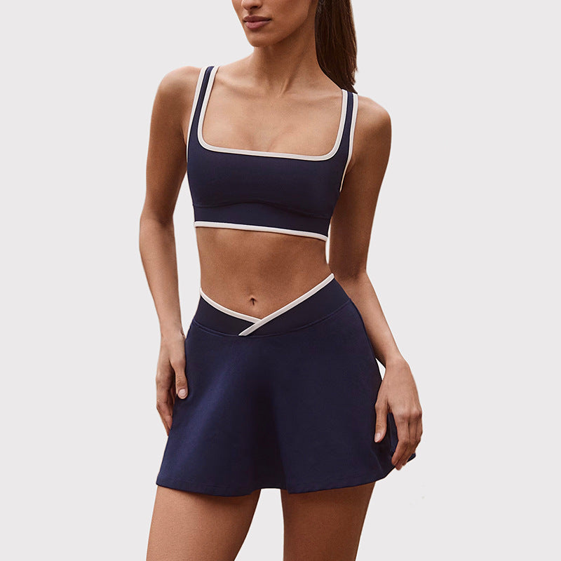 Shockproof with chest pad high elastic brushed fitness tops tennis skirt halter sports intimates short skirt yoga suit for women