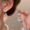 Crystal blue butterfly earrings-a1586 silver