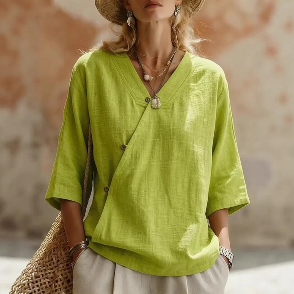 summer new women's solid color cotton linen european and american button-down top - cross-border e-commerce