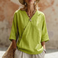 summer new women's solid color cotton linen european and american button-down top - cross-border e-commerce