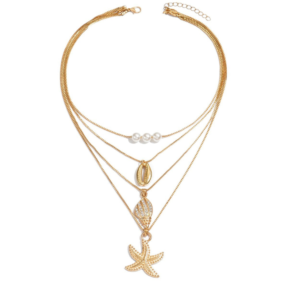 Wholesale seashell necklaces - european & american cross-border jewelry - women's ocean-themed vacation necklaces - conch & starfish layered collarbone chains