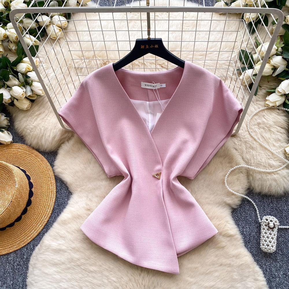 Korean style v-neck short sleeve shirt for women -  spring collection - unique, asymmetrical design - commuter chic cardigan top