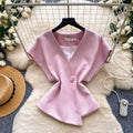 Korean style v-neck short sleeve shirt for women -  spring collection - unique, asymmetrical design - commuter chic cardigan top