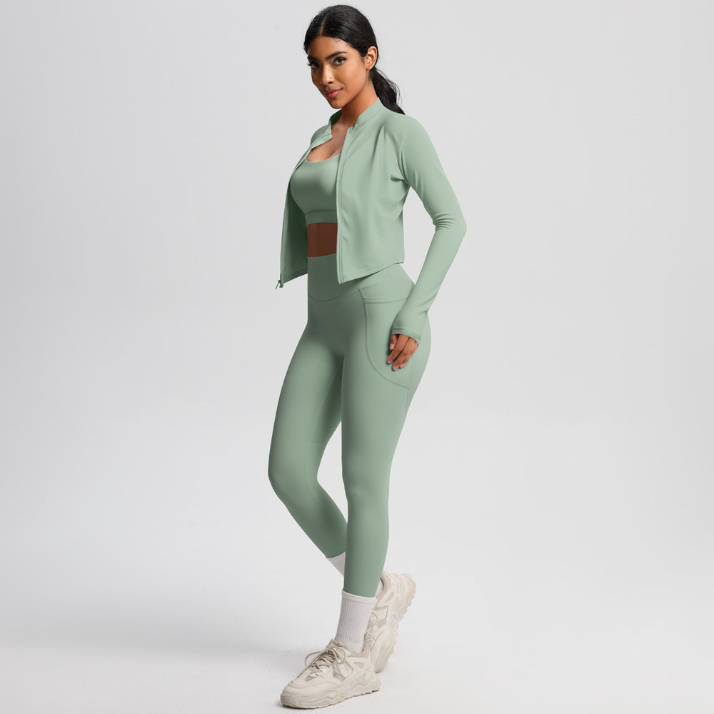 European and american new high-waisted tight-fitting pocket yoga outfit set - quick-dry brushed fabric, outdoor running fitness activewear three-piece set