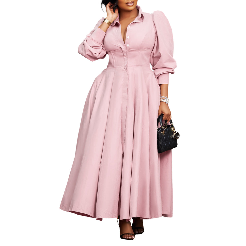 D570 cross-border women's elegant long-sleeve a-line shirt dress - stylish solid color mid-length african dress