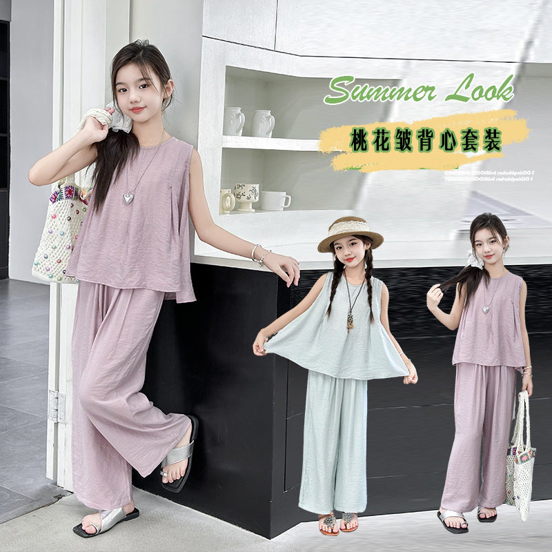 Girls' summer outfit : trendy and stylish kids' tank top and loose-fit casual pants set - sleeveless summer wear for older girls