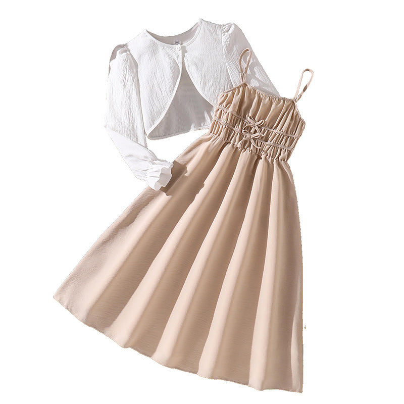 Girls' outfit set:  autumn new french style camisole maxi dress with long-sleeved jacket - wholesale foreign trade children's clothing