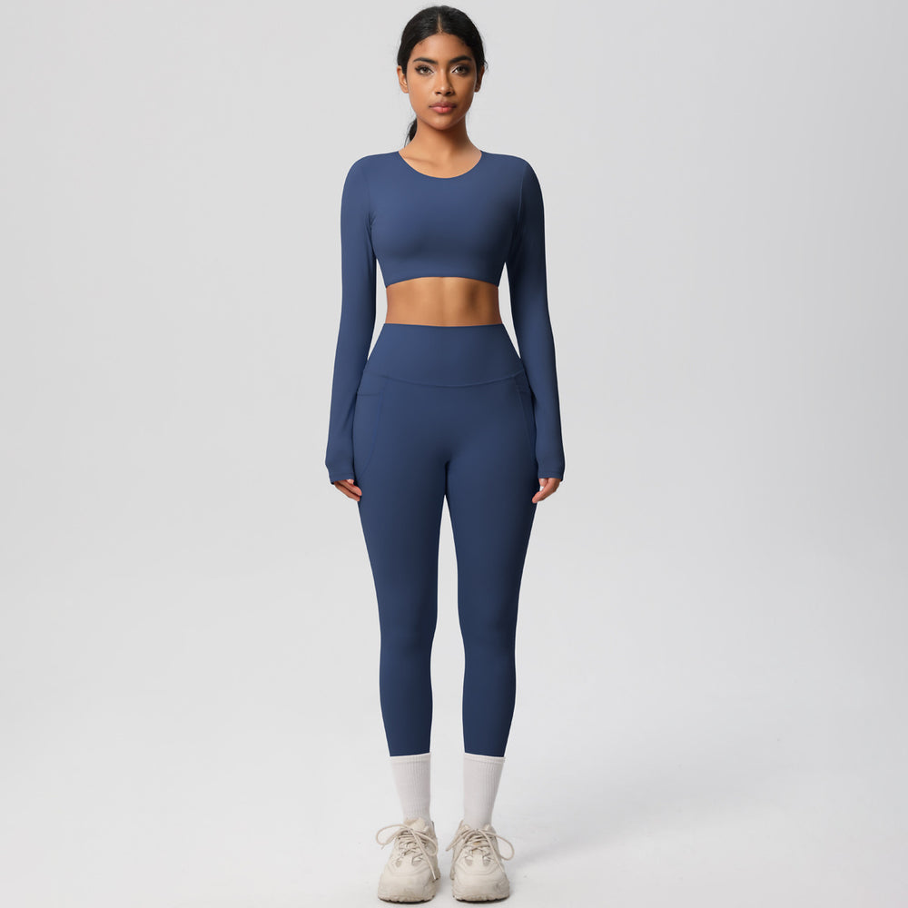 nude feeling tight high waistflap pocket pants crop toplong sleevestops yoga clothes quick-drying running sports fitness suit