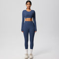 nude feeling tight high waistflap pocket pants crop toplong sleevestops yoga clothes quick-drying running sports fitness suit