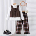 Export kidssuit brown corduroy vest high collar bottom shirt plaidpantsgirl british style three-piece set