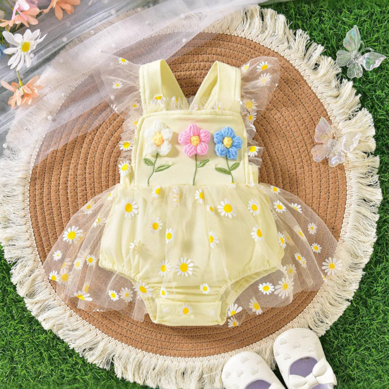 Baby girl party outfit cute suspender three flowers patchwork mesh one-piece dress