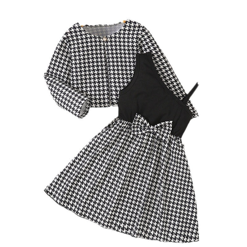 Girls' two-piece dress set: chanel-inspired houndstooth long-sleeve jacket with bow and a-line skirt, plus suspender dress