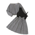 Girls' two-piece dress set: chanel-inspired houndstooth long-sleeve jacket with bow and a-line skirt, plus suspender dress