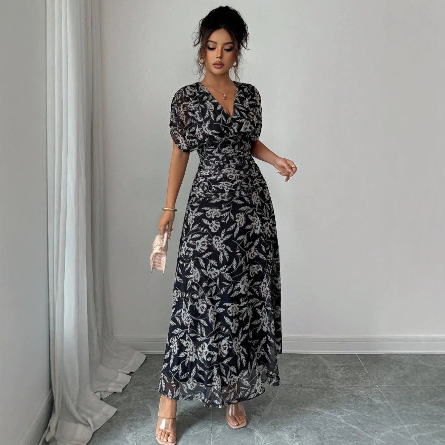 printed midi a-line dress - new french style, v-neck, slimming black dress